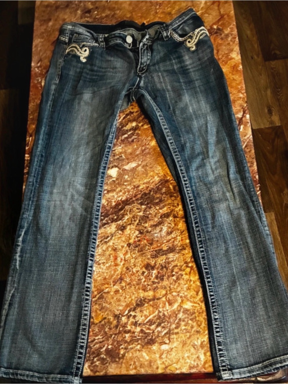 Premiere 9/10 regular boot cut jeans embellished front pockets with rhinestones
